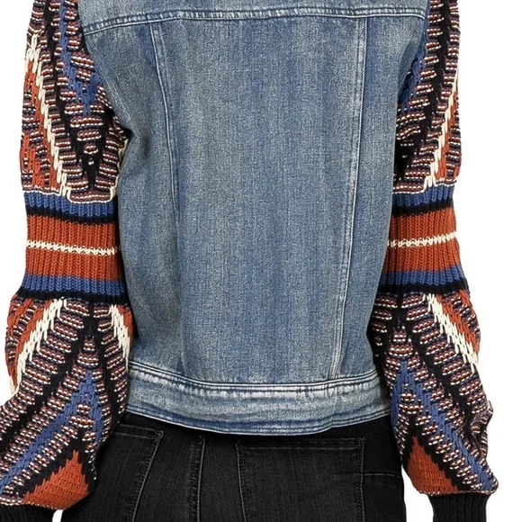 Flying Tomato Boho Women's Denim Jacket with Multicolor Knit Sweater Sleeves L - Picture 2 of 8